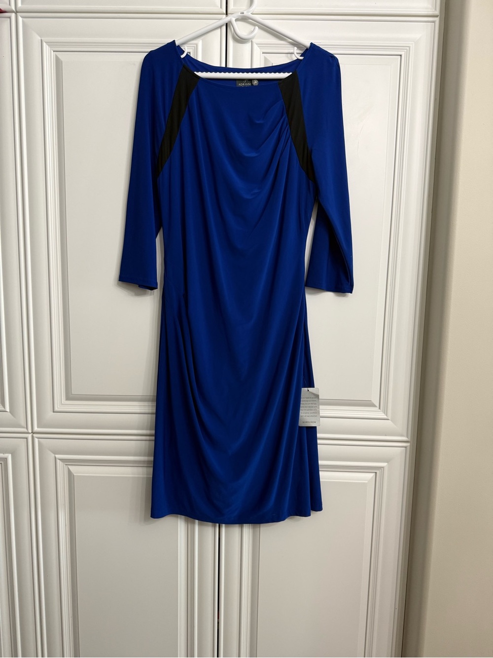 NWT Adrianna Papell Size 12 Royal Blue Midi Dress with Black Insets Ruching